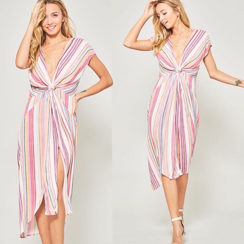Plunge Twist Front Slit Stripe Midi Dress Pink - Large